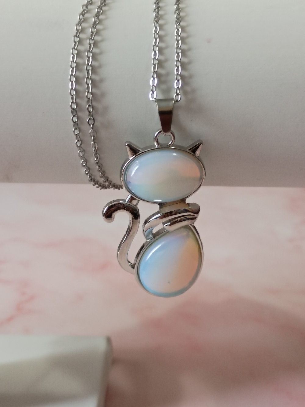 Opal Natural Crystal Gemstone Cat Pendant Necklace 18in Stainless Steel